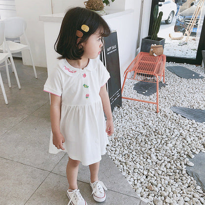 New Arrival Summer Girls Short Sleeves Simple Embroidery Peter Pan Collar Dress-3