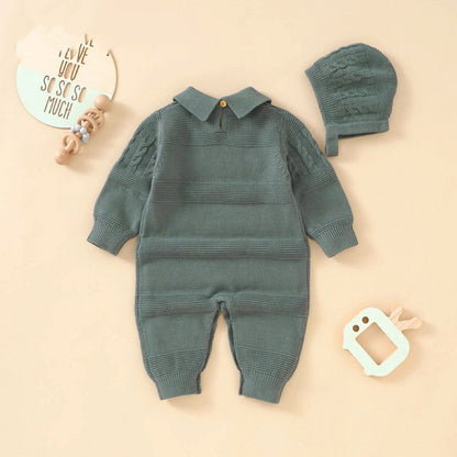 Baby Solid Color Crochet Knit Design Lapel Knit Jumpsuit-3