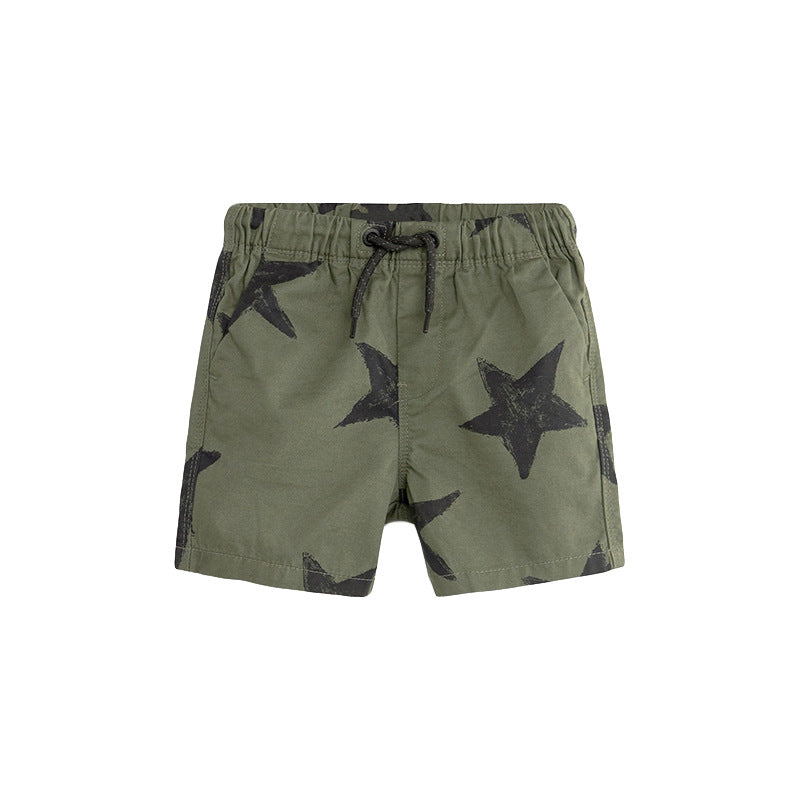 Boys Army Green Soft Casual Stars Print Capri Pants Shorts-3