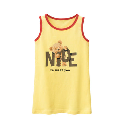 Baby Girl Bear Print Neck Color Matching Design Sleeveless T-Shirt In Summer-3