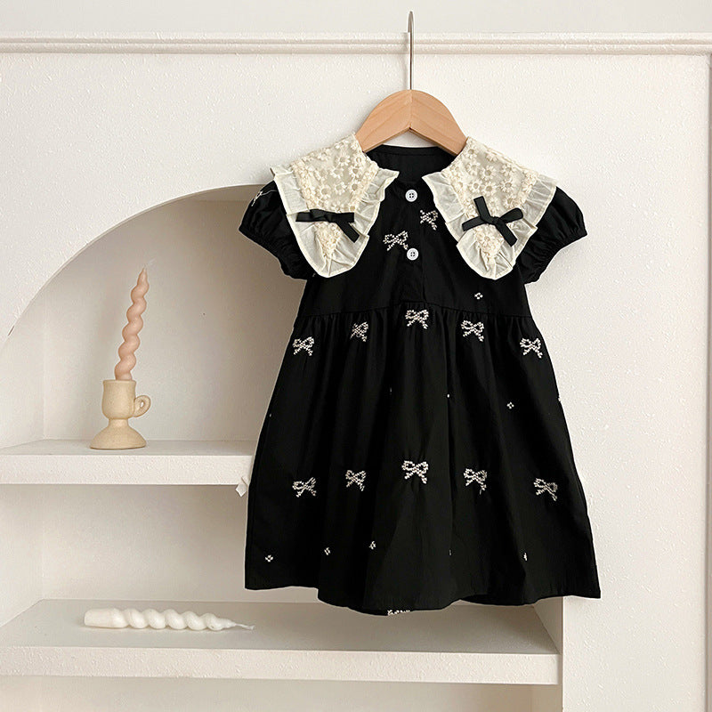 New Design Summer Baby Kids Girls Floral Pattern Collar Short Sleeves Bows Embroidery Onesies And Girls’ Dress – Princess Sister Matching Set-4