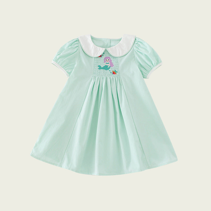 New Arrival Summer Baby Kids Girls Short Sleeves Mermaid Embroidery Dress-2