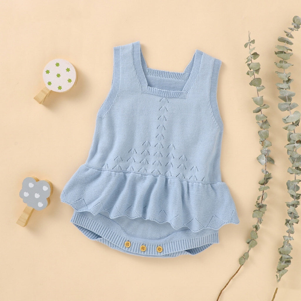 Baby Girl 1pcs Hollow Carved Design Square Neck Ruffle Deisign Knitted Onesies-2