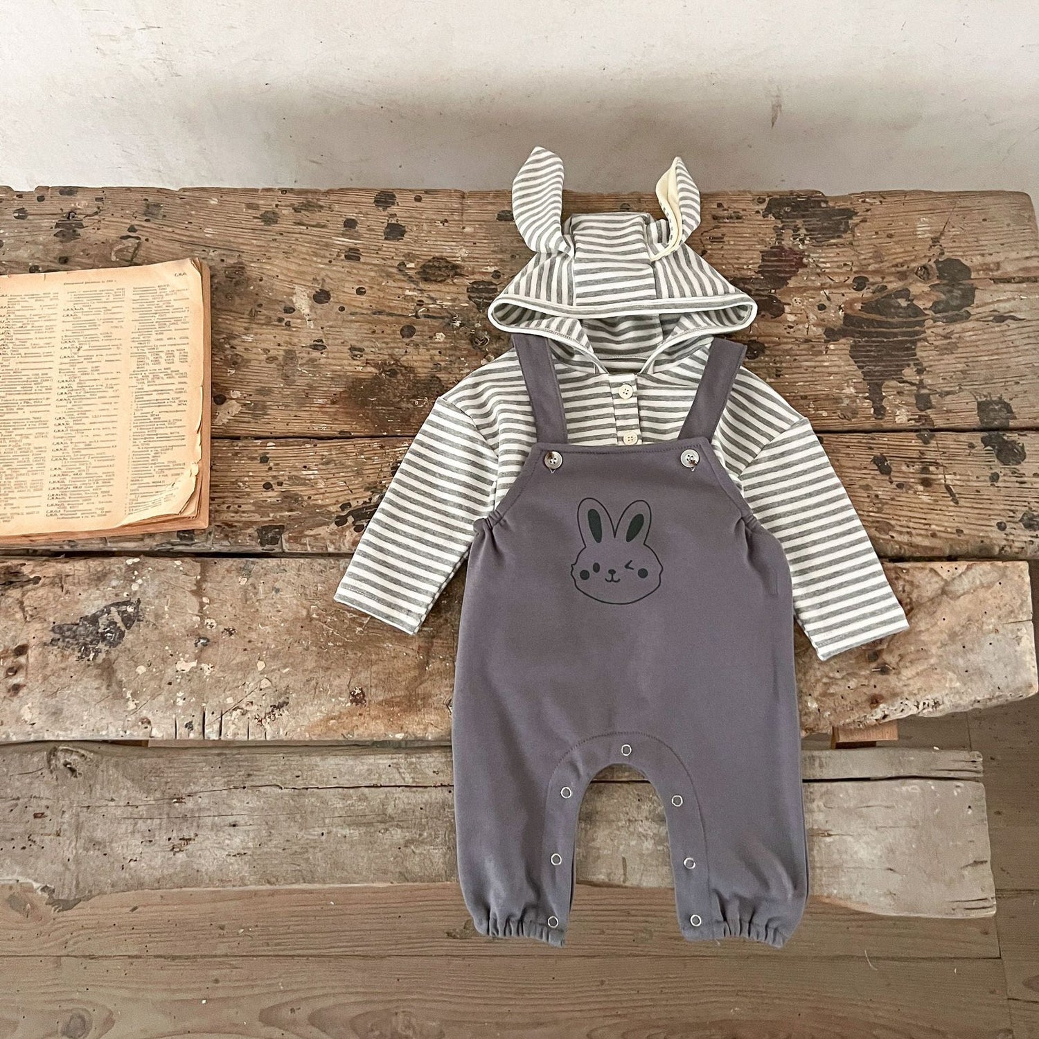 Spring Baby And Kids Unisex Striped Hoodie Top And Rabbit Cartoon Overalls Romper Clothing Set-3