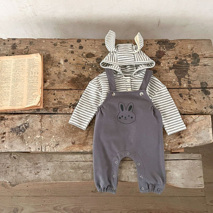 Spring Baby And Kids Unisex Striped Hoodie Top And Rabbit Cartoon Overalls Romper Clothing Set-3