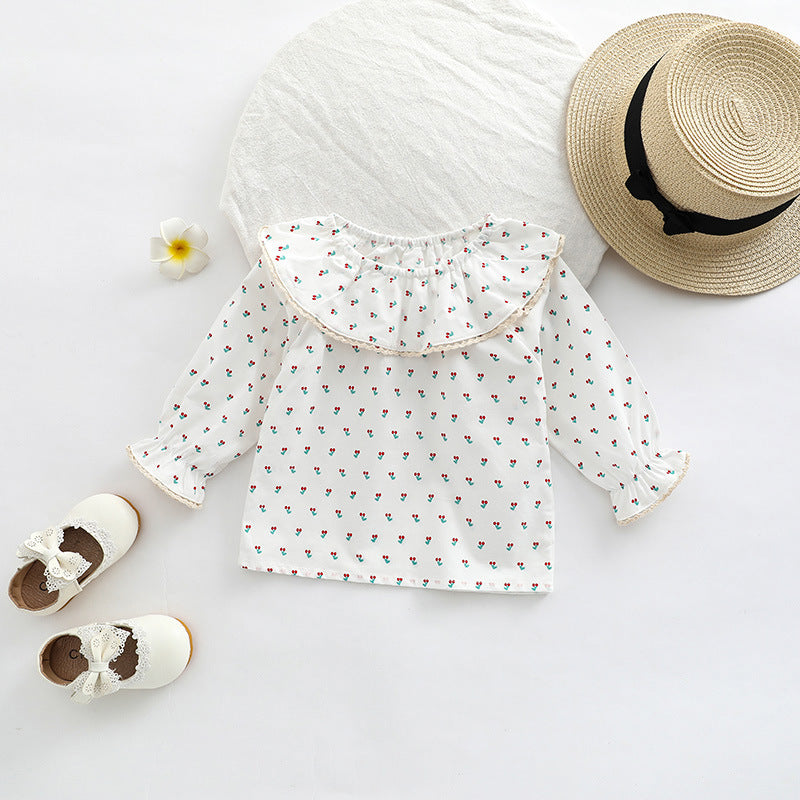 Baby Floral Pattern Ruffle Collar Design Long Sleeve Shirt-3