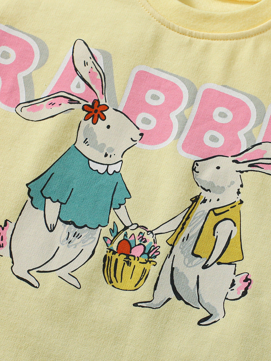 Summer Baby Kids Girls Rabbits Cartoon Print T-Shirt And Shorts Clothing Set-3