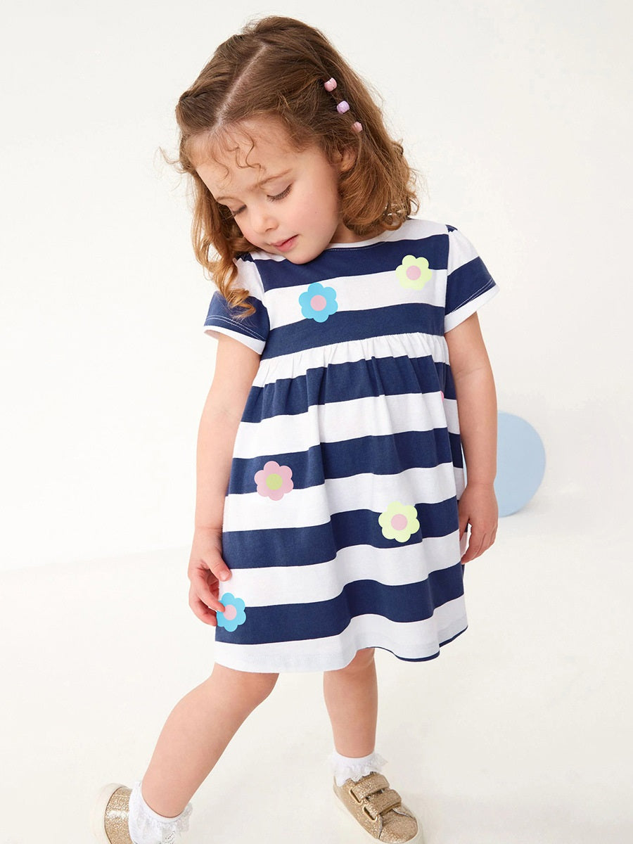 Spring And Summer Baby Girls Navy Blue Striped Floral Short Sleeves Dress-2