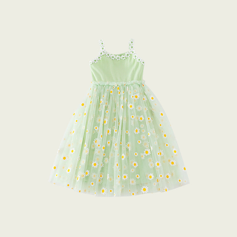 Summer Baby Kids Girls Sleeveless Floral Daisy Pattern Mesh Strap Dress-3