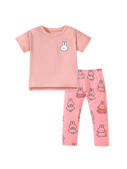 Girls Colorful Rabbits Cartoon Pink T-Shirt And Pants Set-1