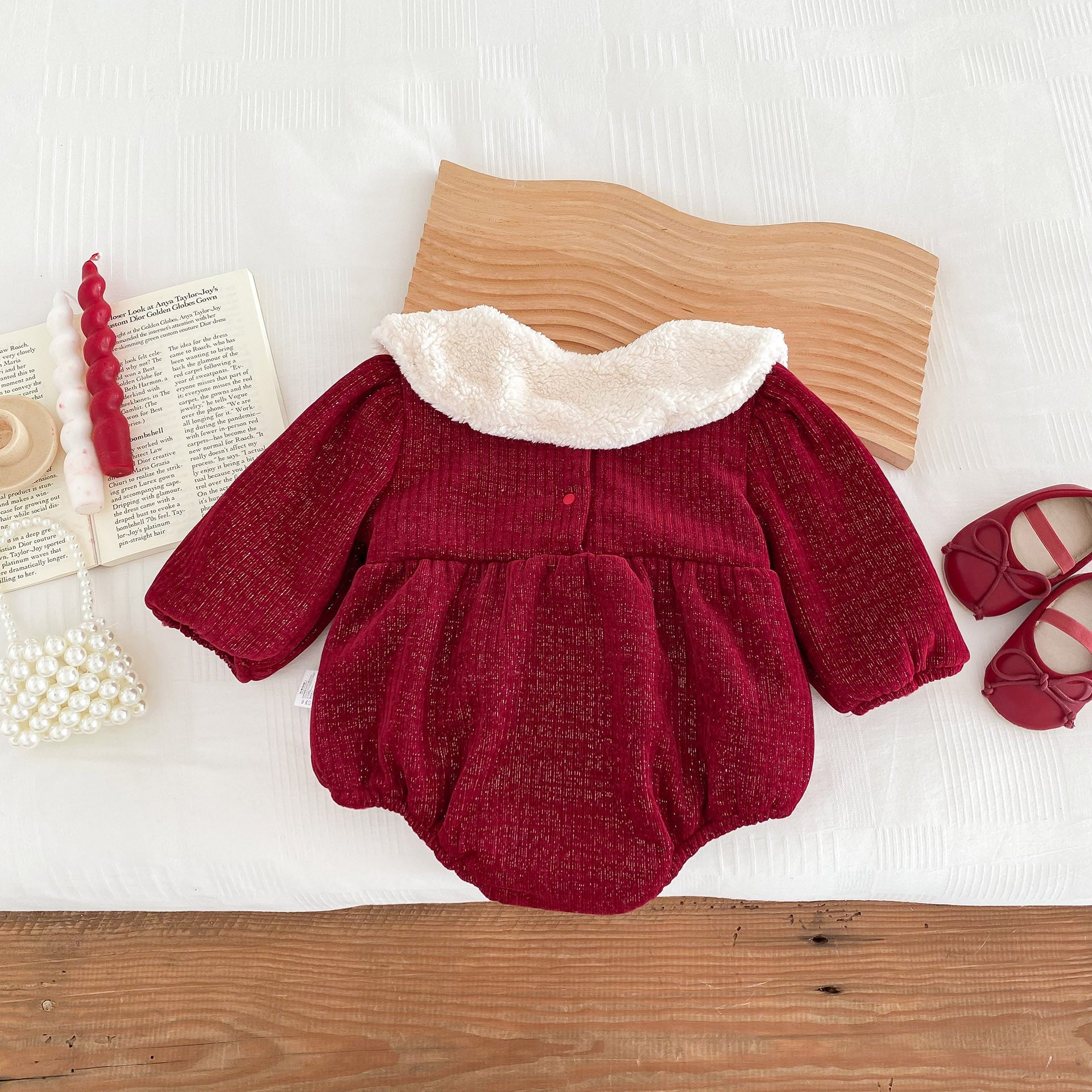 New Arrival Baby Girls Solid Color Long Sleeves Red Ruffle Thick Princess Onesie-2