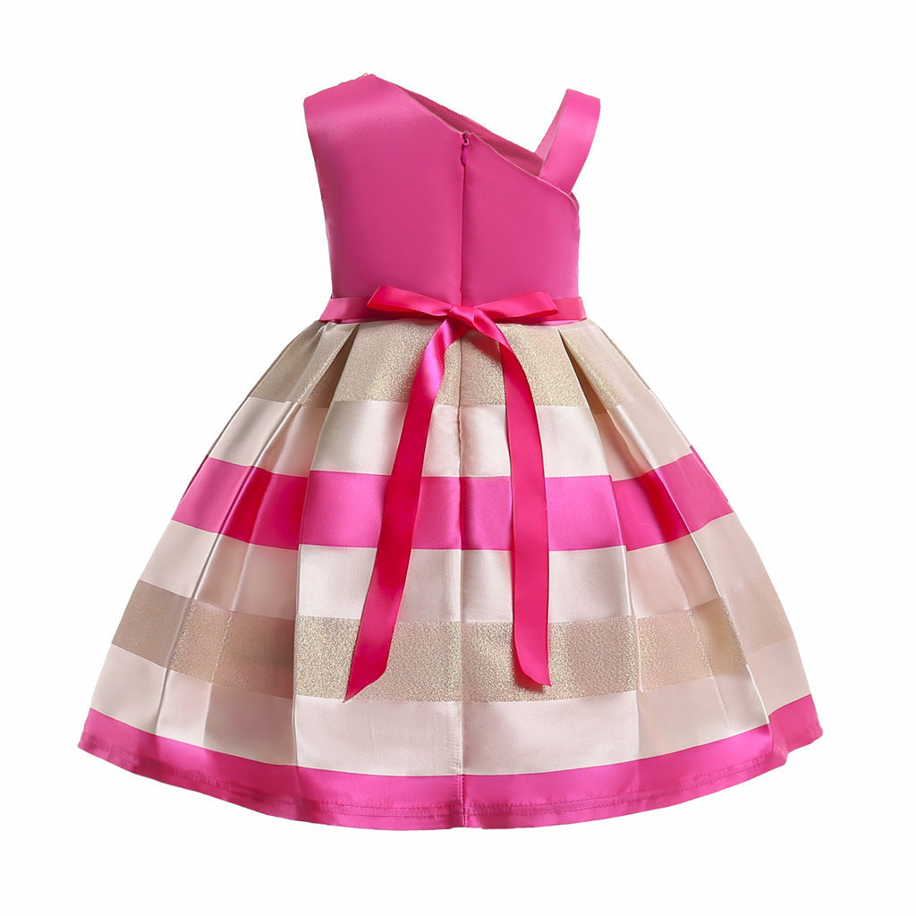 Baby Girl Floral Patched Pattern Striped Tutu Princess Dress One Shoulder Dress-6