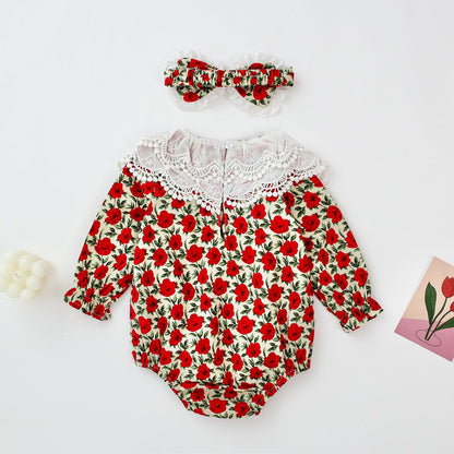 Baby Girl Flower Pattern Labeled Collar Design Long Sleeve Bodysuit-3