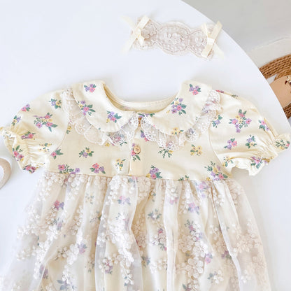 Baby Girls Floral Print Embroidered Lace Patchwork Design Doll-Neck Onesies Dress-3