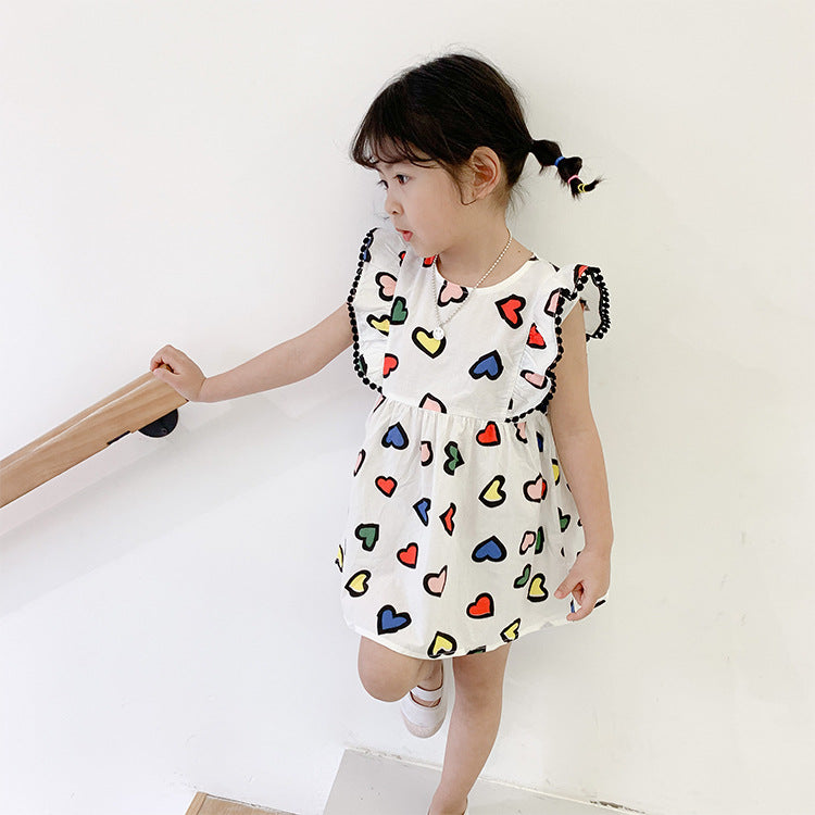 Best Selling Summer Baby Kids Girls Colorful Heart Pattern Fly Sleeves Dress-3