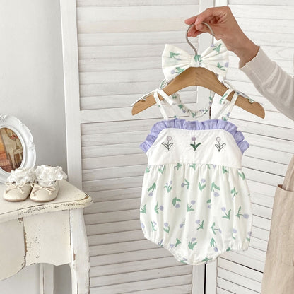 Summer Hot Selling Baby Girls Floral Pattern Sleeveless Strap Onesies-3