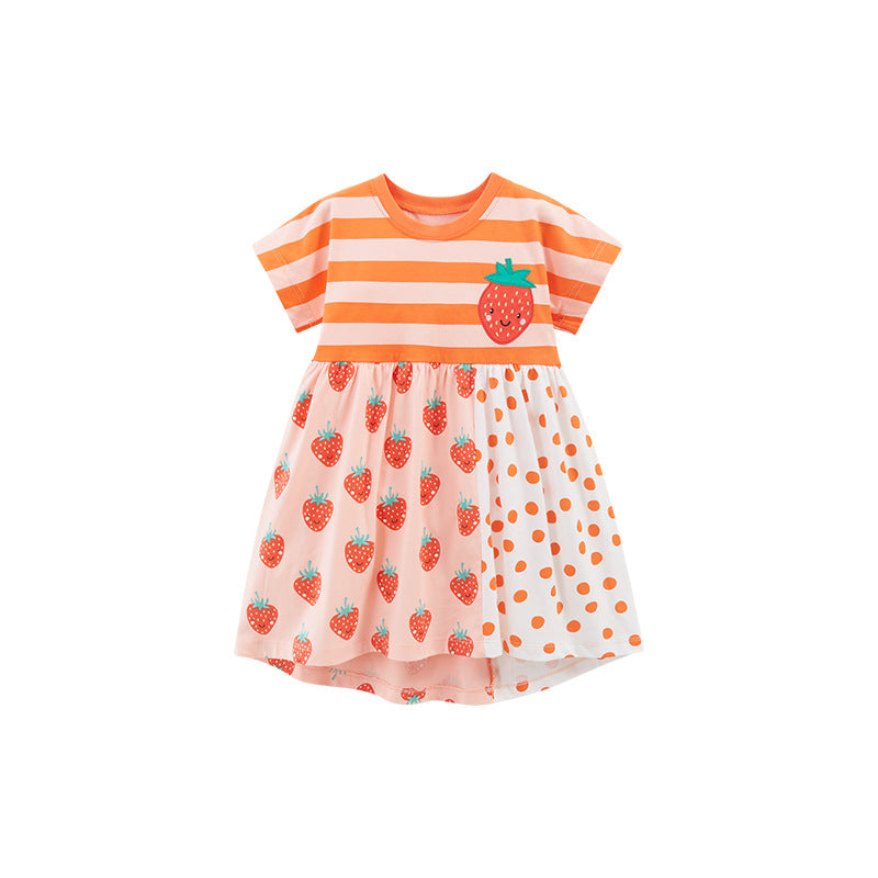 Summer New Arrival Girls Short Sleeves Striped Strawberry Print Dress-3