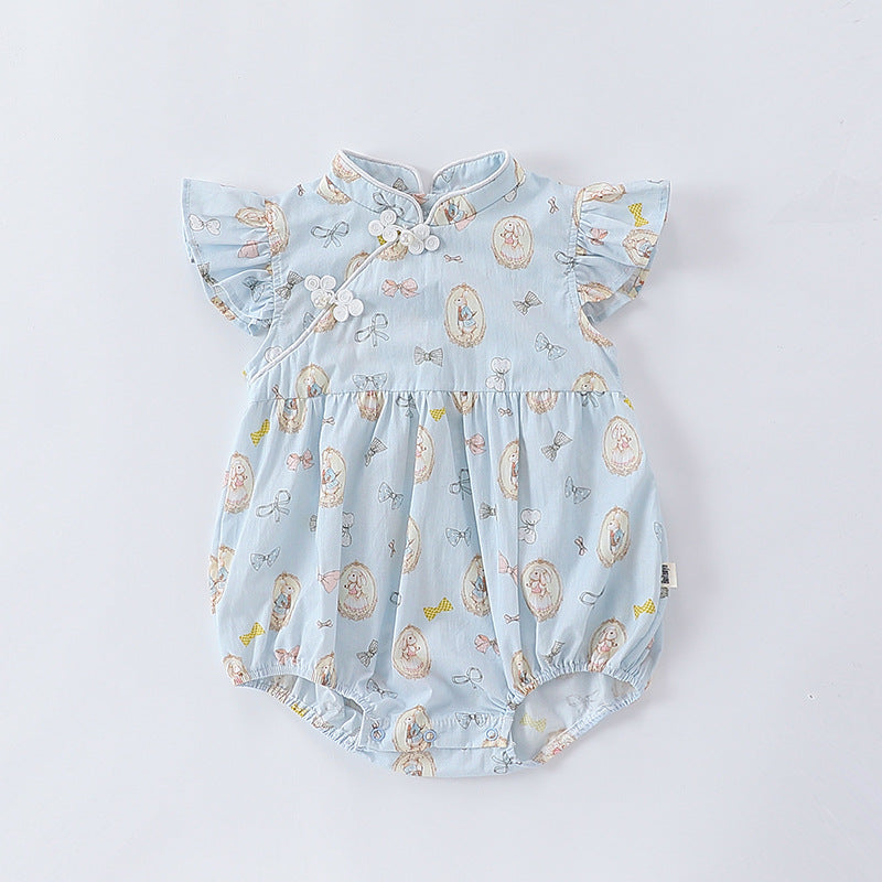 Summer Hot Selling Baby Girls Rabbits Print Fly Sleeves Stand Collar Onesies-1