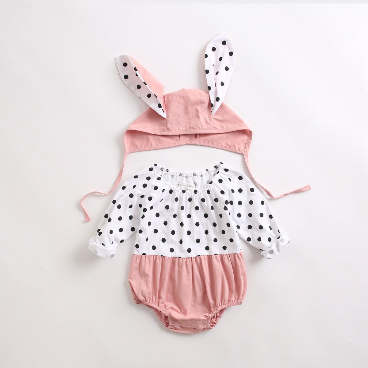 Baby Girl Polka Dot Graphic Long Sleeved Cute Bodysuit &amp; Hats-3