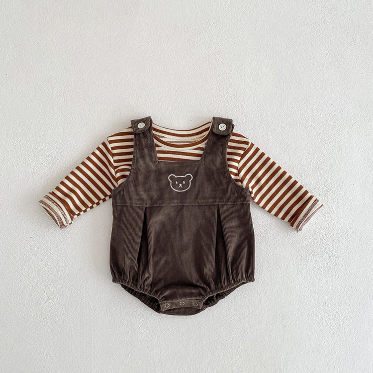 Baby Striped Shirt Combo Corduroy Fabric Cartoon Bear Embroidered Vest Bodysuit 2 Pieces Sets-3