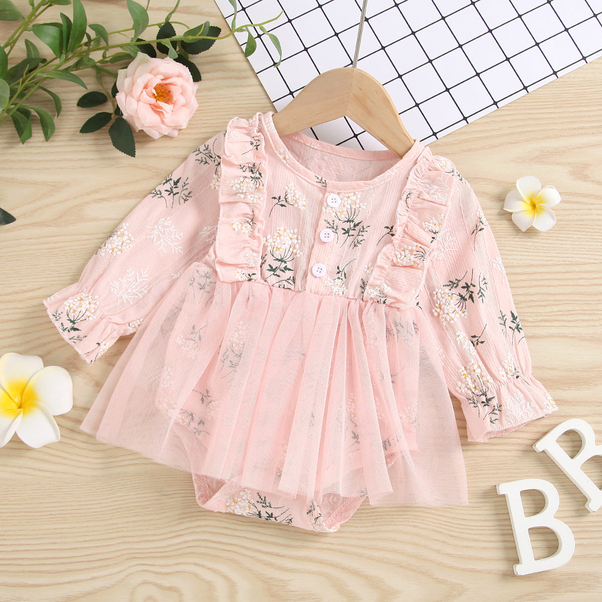 Baby Girl 1pcs Allover Grass Embroidered Graphic Mesh Overlay Dress Longsleeve Onesies-3