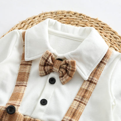 Baby Plaid Pattern False 1 Pieces Design Bow Tie Decoration Bodysuit-2