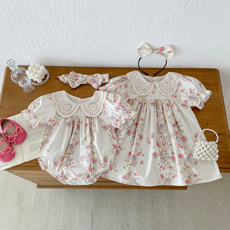 Summer Girls Flowers Pattern Short Sleeves Hollow Out Collar Onesies And Dress – Sister Matching Clothing Set-4