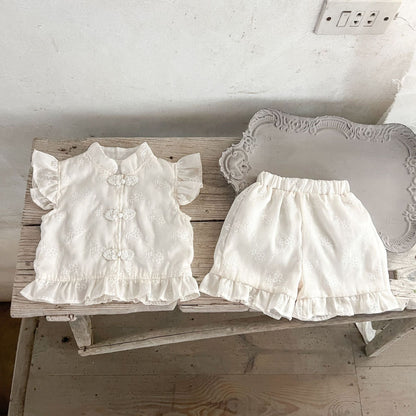 Summer New Arrival Baby Girls Fly Sleeves Stand Collar Solid Color Floral Embroidery Top And Bloomers Clothing Set-3