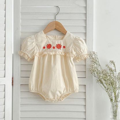 New Arrival Summer Baby Kids Girls Flowers Pattern Embroidery Short Sleeves Square Neck Dress And Bloomers Sets And Onesies – Princess Sister Matching Set-5