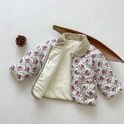 Baby Floral Print Pattern Quilted Warm Padded Jacket In Winter-3