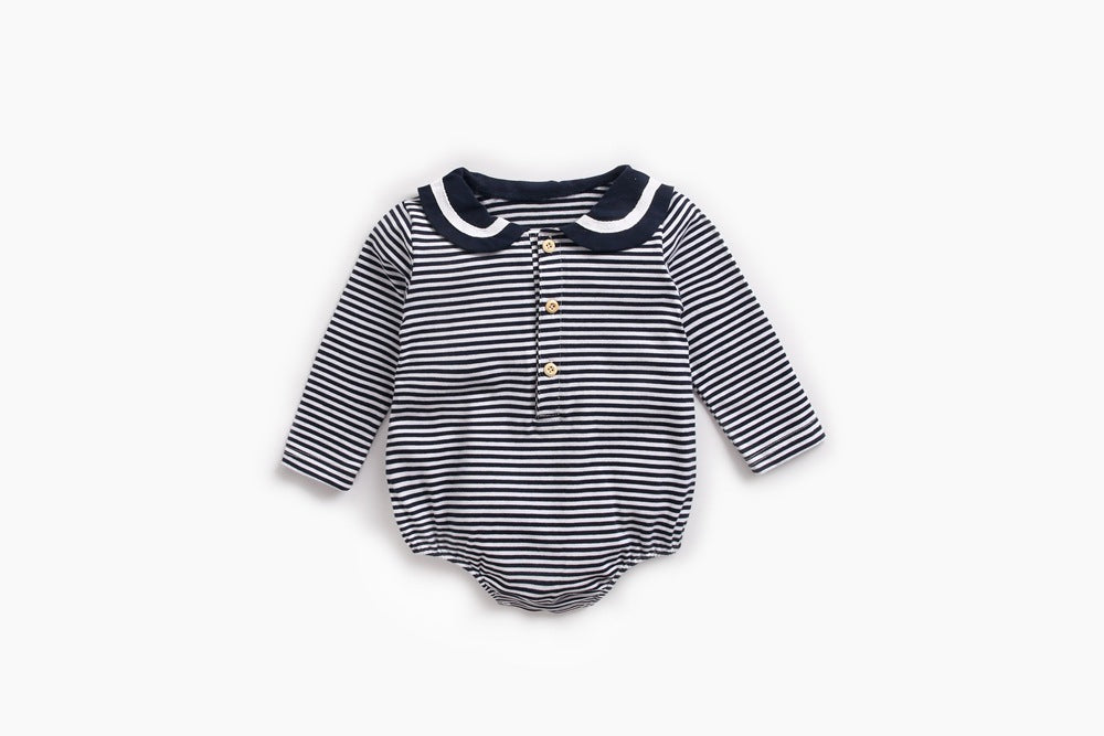 Baby Girl Striped Pattern Sailor Collar Design Fashion Long Sleeves Bodysuit Onesie-3