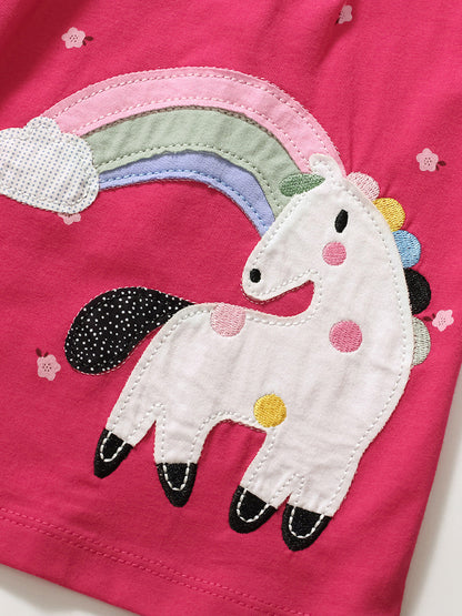 Spring And Summer Baby Girls Short Sleeves Rainbow Horse Floral Cartoon Dress-2