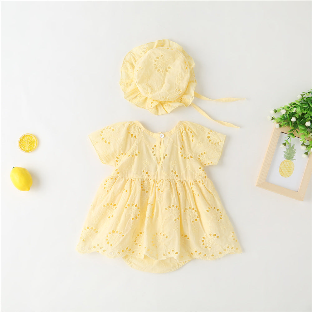 Baby Girl 1pcs Solid Color Hollow Carved Design Bow Onesies Dress-3