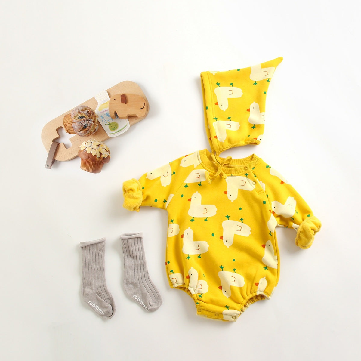 Baby 1pcs Cartoon Duck Print Button Front Rompers &amp; Onesies With Triangle Hats-0