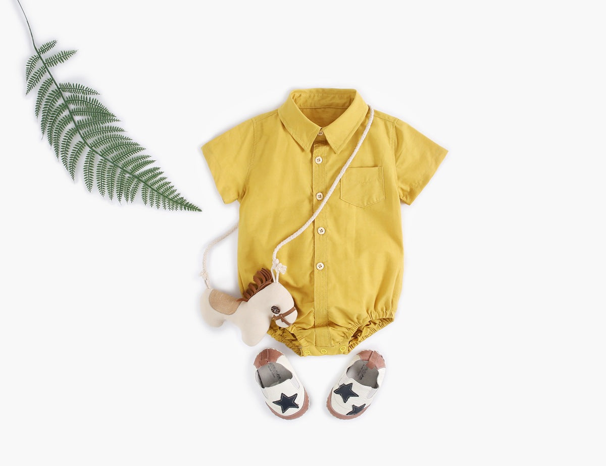 Baby Boy Solid Color Buttoned Shirt With Pockets Short Sleeve Onesies Online In Summer-3