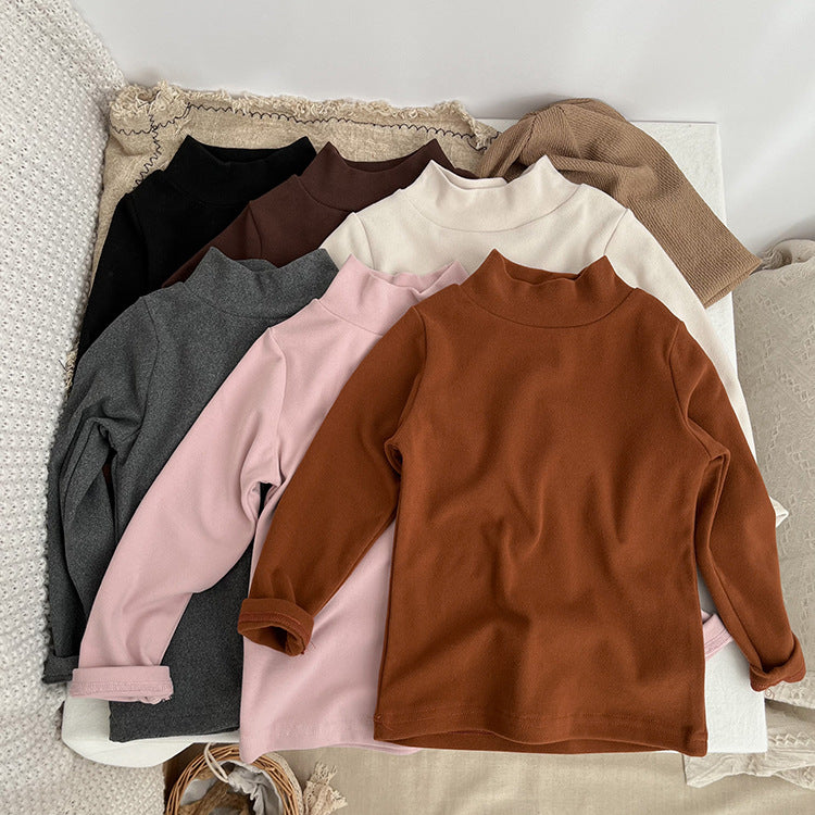 Baby Solid Color High Neck Long Sleeve Pullover Shirt Tops-2