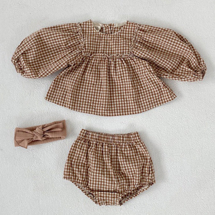 Baby Girl Plaid Pattern Loose Blouses WIth Shorts Headband 3 Pieces Sets-2