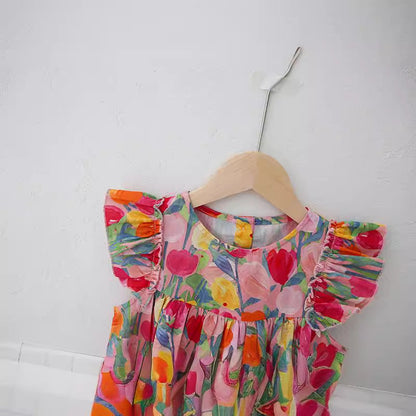 Summer New Arrival Kids Girls Fly Sleeves Tulip Flowers Pattern Dress-2