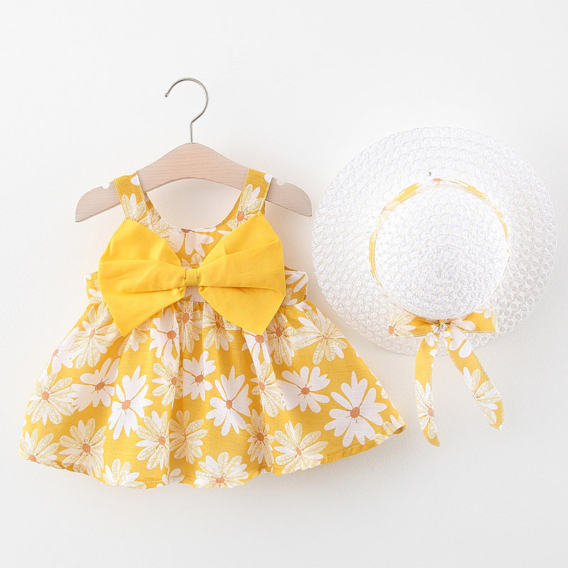 Baby Flower Pattern Bow Patched Design Sling Dress In Summer With Hat-3