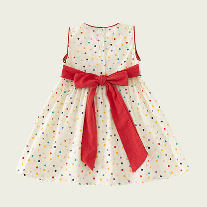 New Design Summer Kids Girls Cute Colorful Dots Sailing Boats Embroidered Sleeveless Dress-3