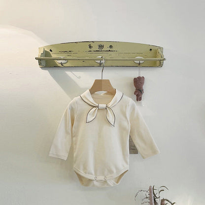 Baby Bow Tie Design Long Sleeve Solid Color Cute Bodysuits-3