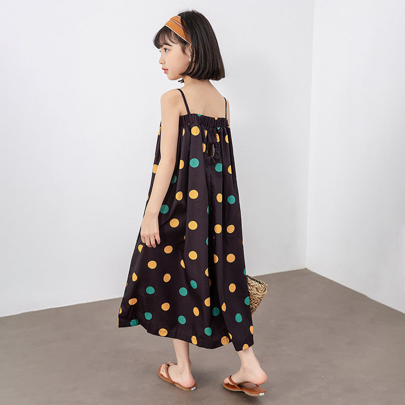 Girls Colorful Polka Dot Pattern Sling Quality Long Dress-2