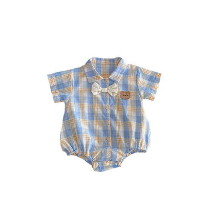 Summer Boys And Girls Yellow-Blue Plaid Teddy Pattern Onesies – Brother And Sister Matching Set-4