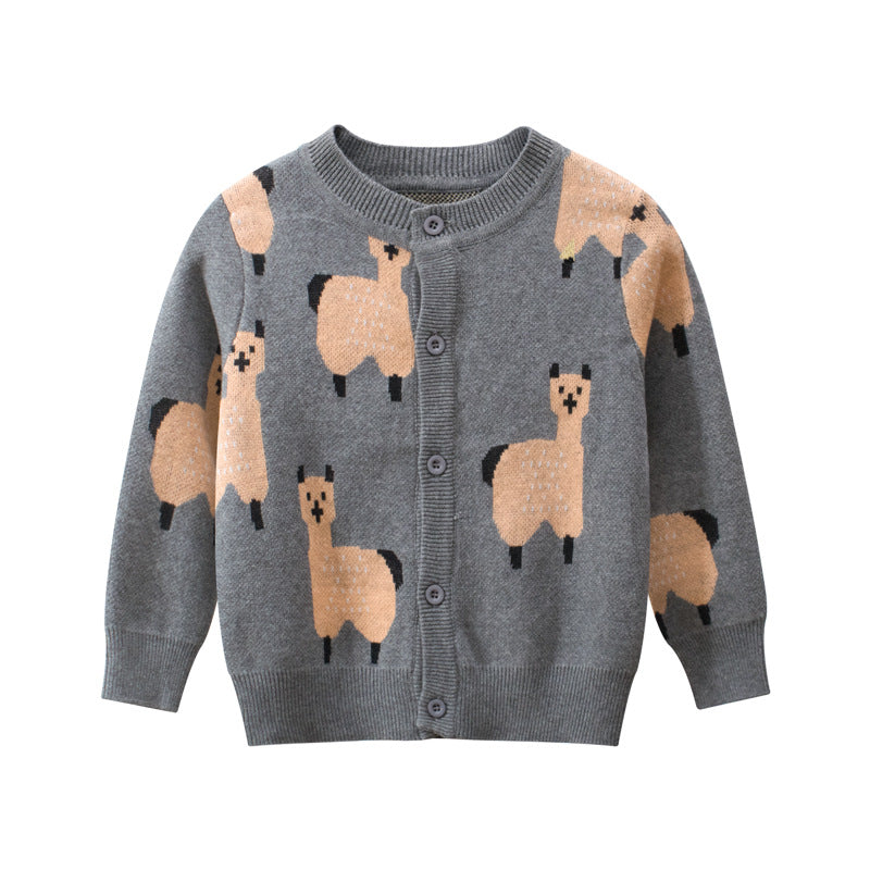 Baby Boy Cartoon Llama Embroidered Pattern Button Front Knitted Cardigan-0