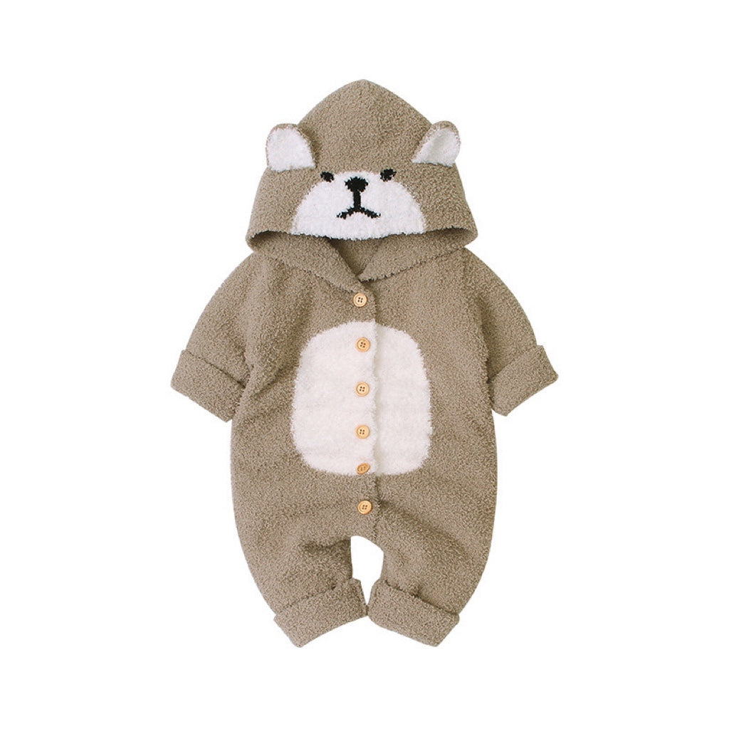 Baby Cartoon Bear Style Button Front Design Long Sleeve Plush Rompers-4