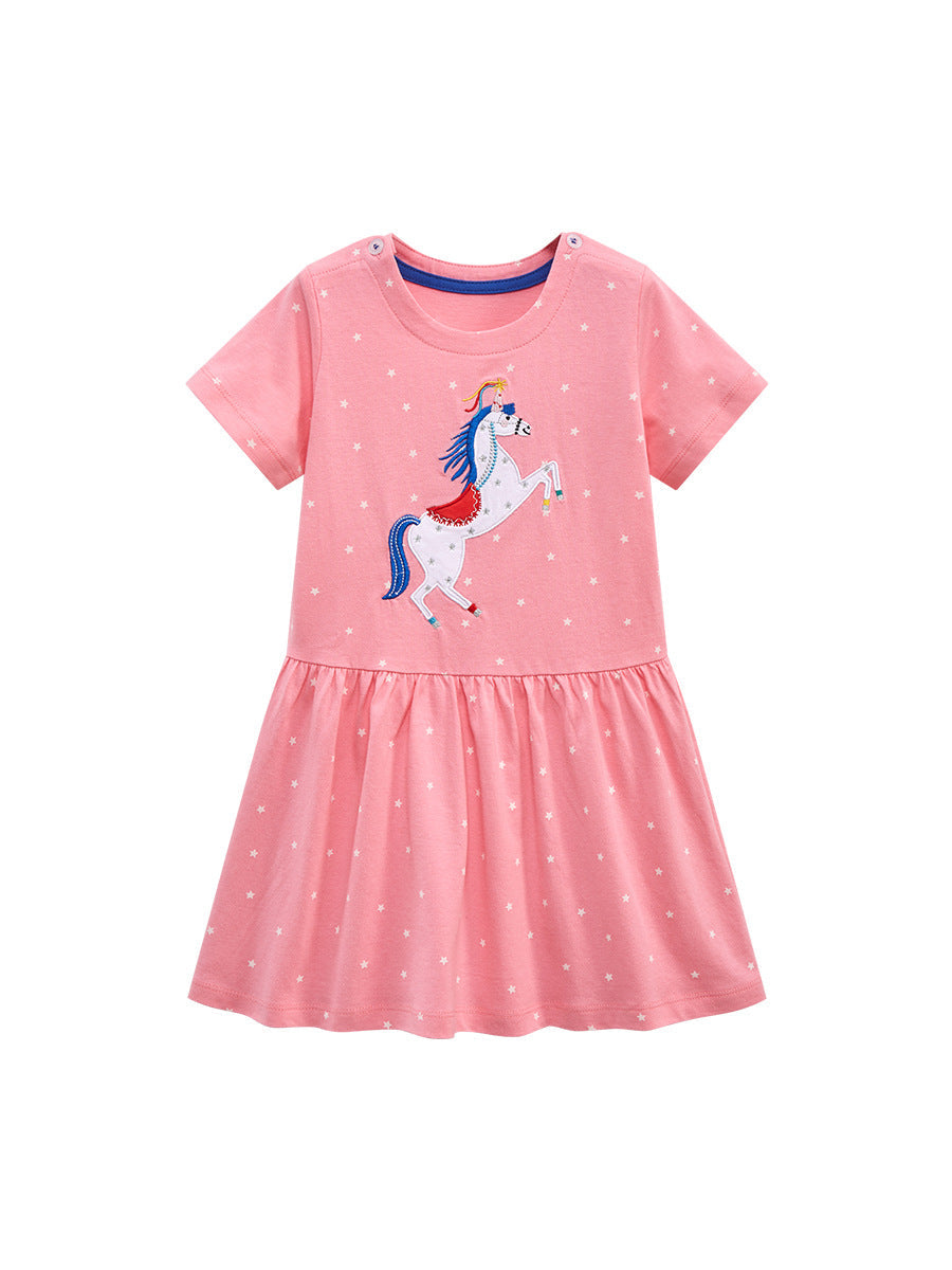 Baby Kids Girls Unicorn Pattern Short Sleeves White Stars Dress-0