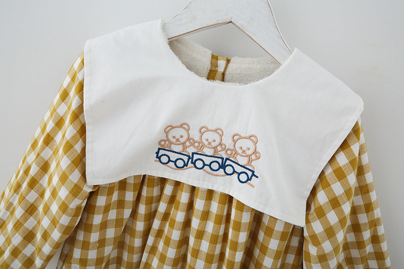 Check Plaid Doll Collar Design Bear Cartoon Embroidery Thick Preppy Dress-4