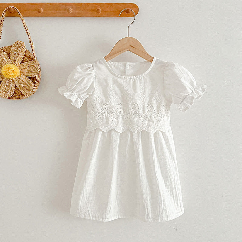 Summer Girls Hollow Out Design Floral Embroidered Short Sleeve White Dress/Onesies-4