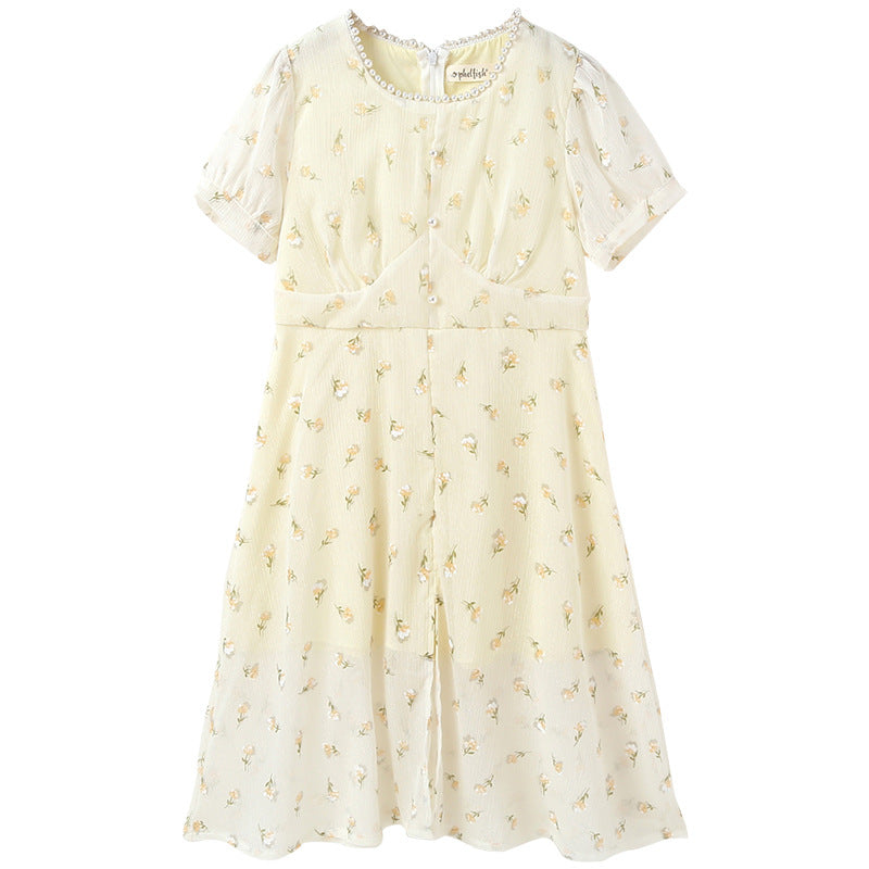 New Arrival Summer Kids Girls French Style Chiffon Fashion Short Sleeves Floral Dress-4