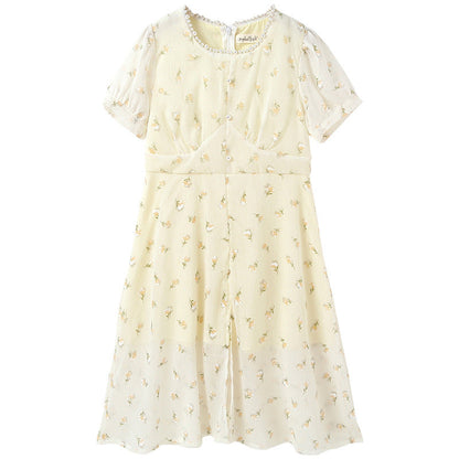 New Arrival Summer Kids Girls French Style Chiffon Fashion Short Sleeves Floral Dress-4